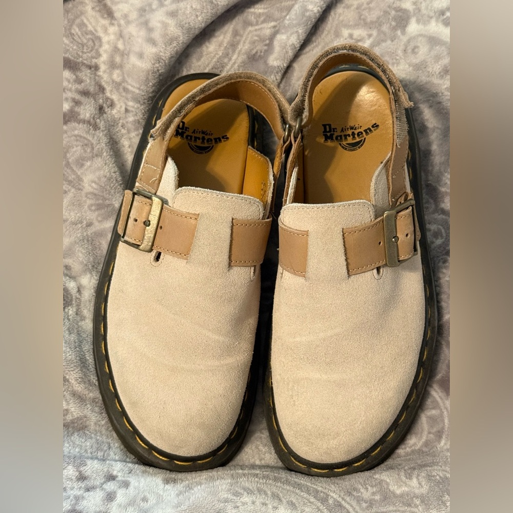 Dr. Martens Beige Suede Clogs with Tan Straps